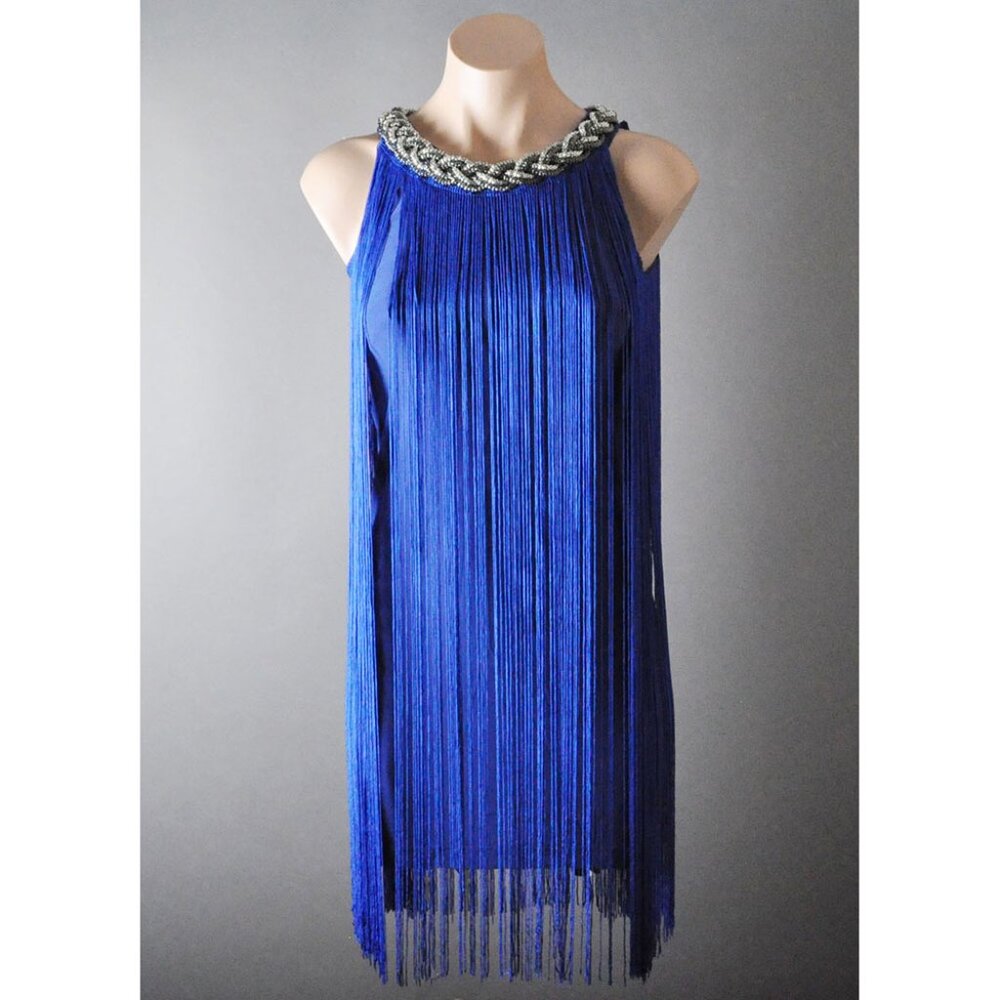 Royal Blue Silver Chain Neck Tassel Fringe 20s Flapper Party Cocktail Mini Dress